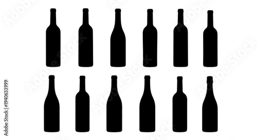 Set of 12 Black Wine Bottle Silhouettes Vector Icons for Beverage Menus, Alcohol Websites, and Drink-Related Graphic Design Projects