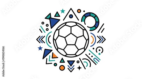 Vibrant soccer ball surrounded by dynamic geometric shapes and symbols