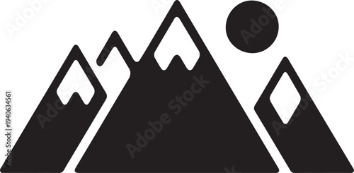 Black silhouette of mountains with sun on white background