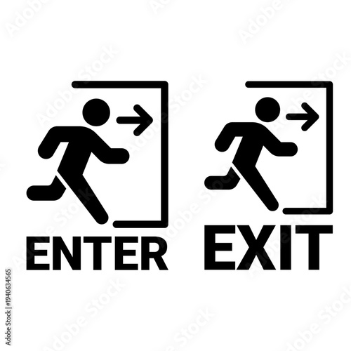 Black silhouette enter and exit emergency sign set with running man and directional arrows.