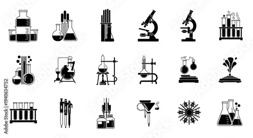 Black and white laboratory equipment icons set including microscopes beakers test tubes and other science tools on a white background for research and education purposes