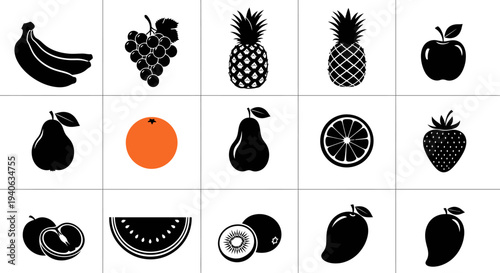 Collection of fresh fruit icons in black and orange on white background for design