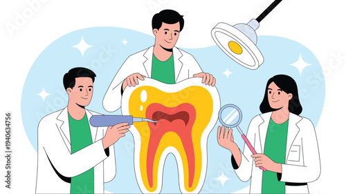Dental care concept illustration with dentists examining tooth anatomy, oral hygiene treatment and medical consultation in modern dentistry clinic