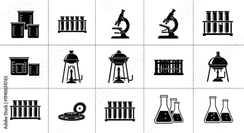 Laboratory equipment and science tools icons set including microscopes beakers test tubes and industrial machinery on white background