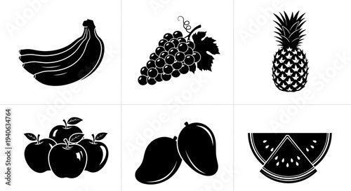 Collection of fresh fruit icons including bananas grapes pineapple apples mango and watermelon
