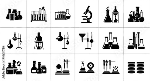 Laboratory equipment icons including beakers test tubes microscopes and flasks for science and research themes