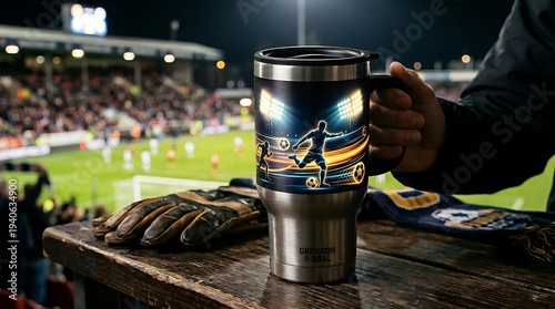 Hand holding custom soccer travel mug at stadium with gloves