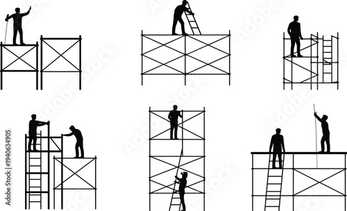 Construction workers on scaffolding silhouettes set, builders climbing ladders and working on scaffold structure isolated industrial labor vector collection