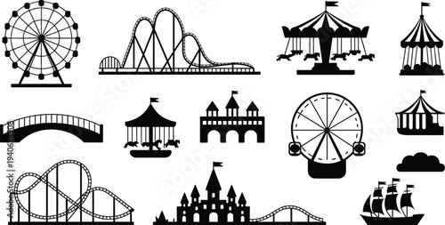 Amusement Park Ride Silhouettes Ferris Wheel Roller Coaster Carousel Circus Tent Theme Park Vector Icon Set