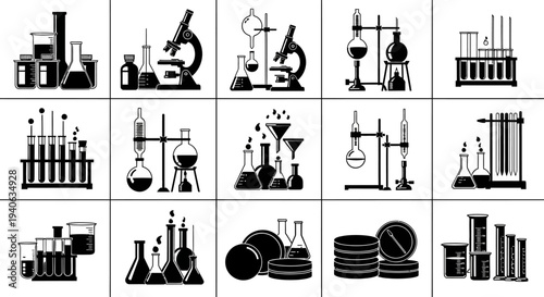 Laboratory equipment icons set including microscope beaker flask test tube and more on white background for science and research themes