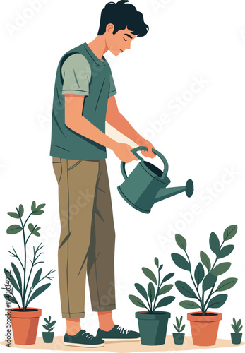 uomo donna annaffiano le piante vasi di fiori  vettoriale 