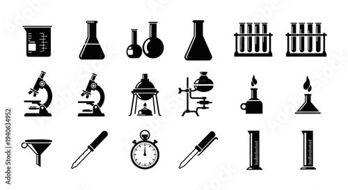 Black and white laboratory equipment icons set including beakers test tubes microscopes and science tools on white background for chemistry and research themes