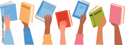 Diverse Hands Holding Books Education Reading Knowledge Concept Multicultural People Raising Books Flat Vector Illustration