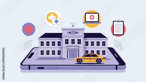 Smart healthcare mobile app concept with hospital building, ambulance taxi service and medical icons on smartphone screen, digital telemedicine illustration