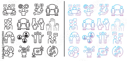 collaboration and teamwork icon set, outline vector illustrations of business meeting, partnership, communication, networking, and social connection for corporate management concepts.