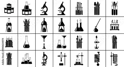 Laboratory equipment icons set including microscopes beakers test tubes and flasks on white background for science and research themes