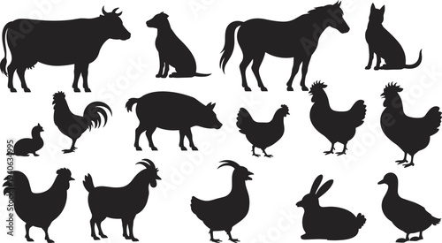 Farm animals silhouettes collection with cow, horse, dog, pig, rooster, chicken, goat, rabbit and duck isolated vector illustration set