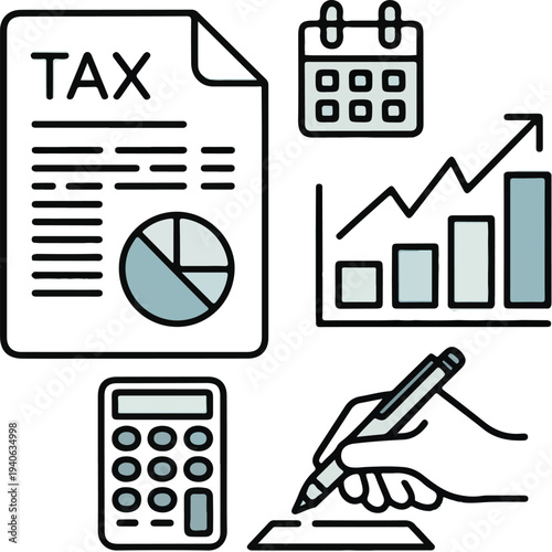 Tax icon set. Contains taxation, form, payment, document, refund, deduction, invoice, accounting, calculator,