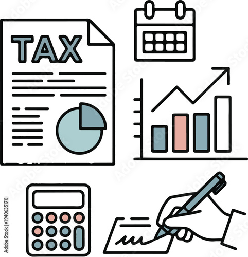 Tax day icons bundle with calculator chart and money symbols on white background for finance