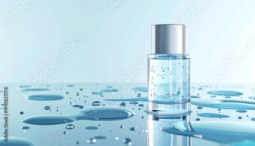 Cosmetic bottle with clear gel on wet reflective surface with water puddles and droplets on light blue background