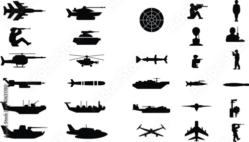 Military equipment silhouettes collection including soldiers, fighter jets, tanks, helicopters, missiles, warships and radar defense icons isolated vector set