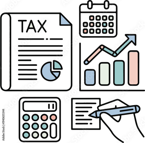 Tax day and financial audit icons set, outline symbols for taxation payment accounting business compliance