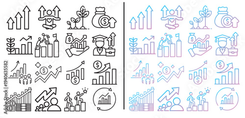 business growth financial success line icon set vector illustration, profit investment chart symbols. gradient  Editable line icons. Vector illustration.