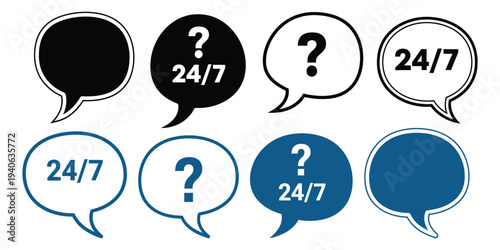 Collection of speech bubbles with 24 7 and question marks