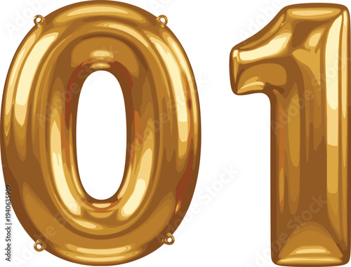 Golden balloon number 01 decoration, shiny metallic party digits, celebratory anniversary milestone, festive event background, reflective inflatable numeral illustration
