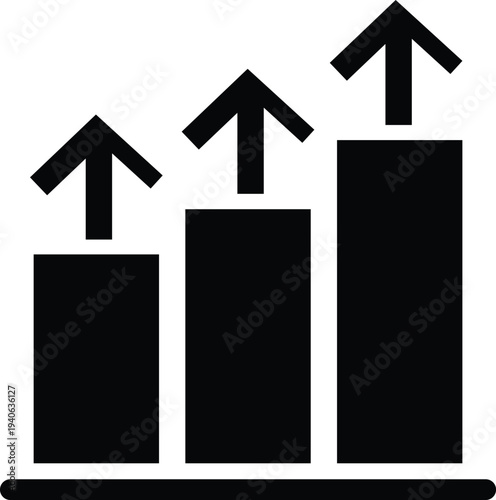 Black bar graph with three rising arrows indicating growth and progress upward trend
