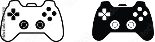 Black and white game controllers with directional pad and buttons gaming gamepad joystick