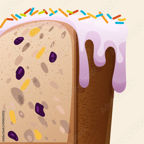Easter kulich cake slice with icing and sprinkles traditional Orthodox Easter bread cross section illustration