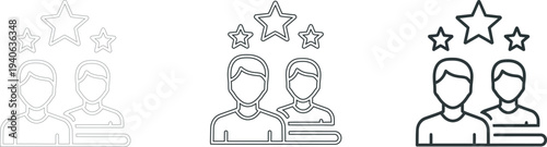 Three sets of faceless male illustrations with star ratings and labels