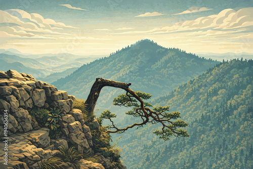 Iconic Sokolica pine clinging to a rocky cliff above layered Pieniny mountains under a soft, cloudy sky.