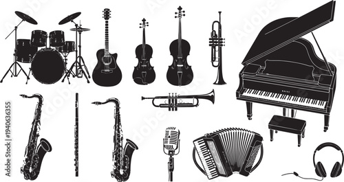 Collection of musical instruments including guitars, piano, drums, and microphones, showcased from a straightforward viewpoint.