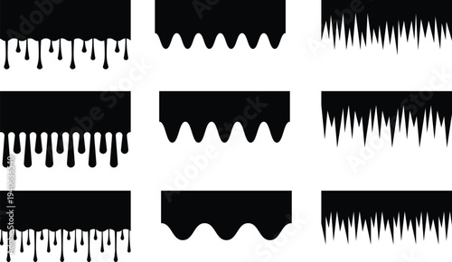 Black dripping paint wavy and sharp edge borders on white background liquid