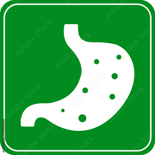 White stomach icon with dots representing digestive health or illness isolated on a green square background for medical concepts