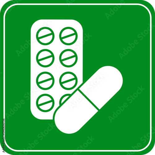 Pill blister pack and capsule icon simple vector graphic for healthcare and pharmaceutical concepts isolated on green background