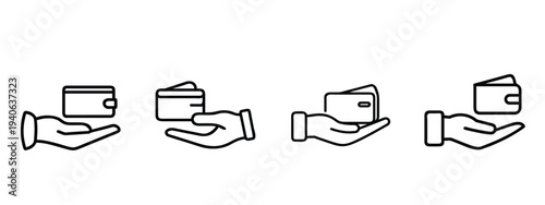 Wallet and money payment outline icon set featuring hand holding purse for financial transaction and digital banking for business and more vector illustration or editable stroke