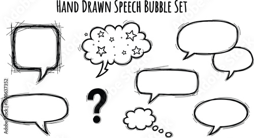 Hand drawn speech bubble set, comic dialogue balloons, sketchy thought cloud illustration, creative doodle design element, cartoon communication graphic background