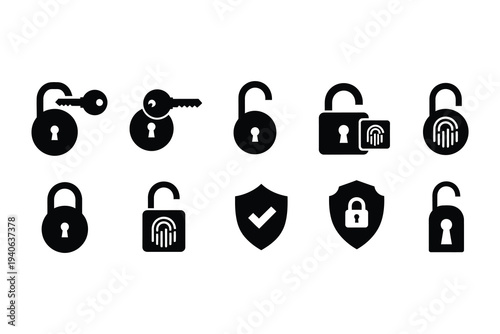 Collection of black and white lock and shield security icons