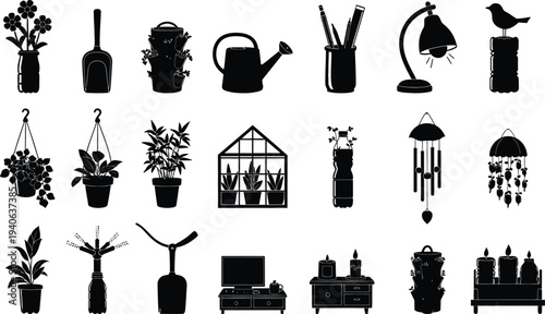 Silhouette of various gardening tools and plants in a decorative arrangement