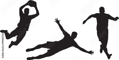 Soccer goalkeeper diving for ball silhouette set vector graphic