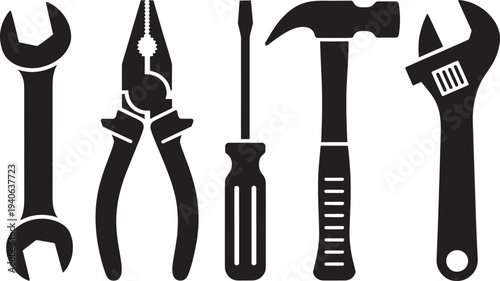 Tools set vector silhouettes wrench pliers screwdriver hammer adjustable spanner