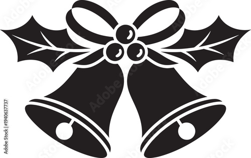 Christmas bells with holly leaves and bow vector silhouette for holiday celebration design