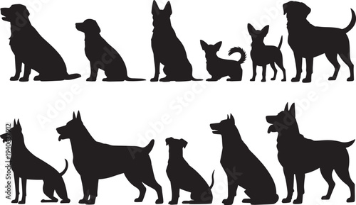 Diverse dog breeds silhouettes, various canine animals in different poses, pet collection
