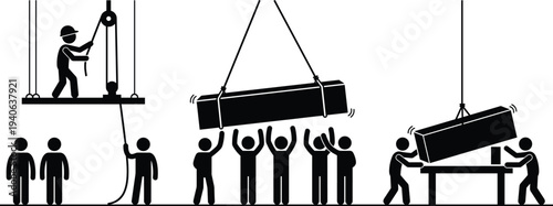 Construction worker team silhouette featuring manual labor lifting heavy beam with crane pulley system for industrial site development engineering and professional building projects