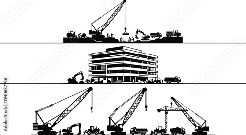 Construction site silhouette collection featuring heavy machinery cranes excavators workers and modern building exterior icons for industrial development architecture and engineering project design