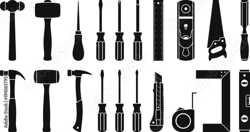 Hand tools silhouette set featuring hammers screwdrivers saws rulers levels and measuring tape for carpentry construction hardware workshop manual labor and diy project design