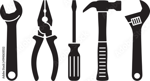 Collection of various hand tools including wrench, pliers, screwdriver, hammer, and adjustable wrench